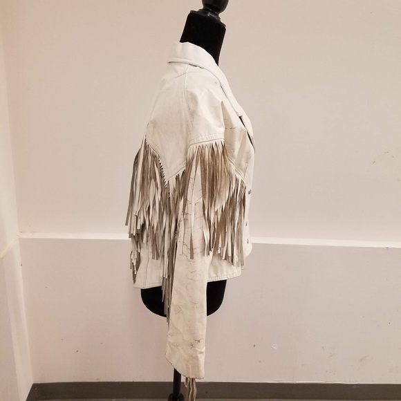 UNISEX COWBOY BEIGE WESTERN LEATHER JACKET WITH FRINGE - Picture 3 of 13